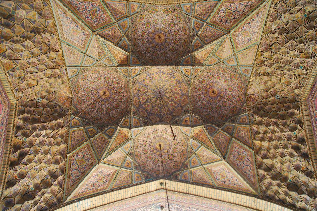 Stunning detailed ceiling of a mosque in Shiraz, showcasing Islamic art and architecture.